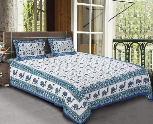 sanganeri bedsheet King Size Standard Camel Print Cotton Bedsheet With Pillow Cover For Double Bed