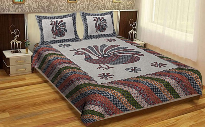 King Size Barmeri Cotton Peacock Print King Size Bedsheet And 2 Pillow Cover For Double Bed - King Size Barmeri Cotton Peacock Print King Size Bedsheet With Pillow Covers