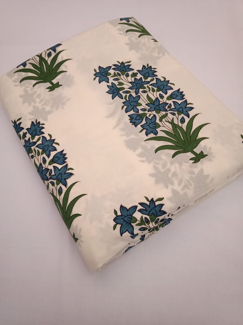 White Base Blue & Green Buta Print Pure Cotton Hand Block Fabric - JBR68