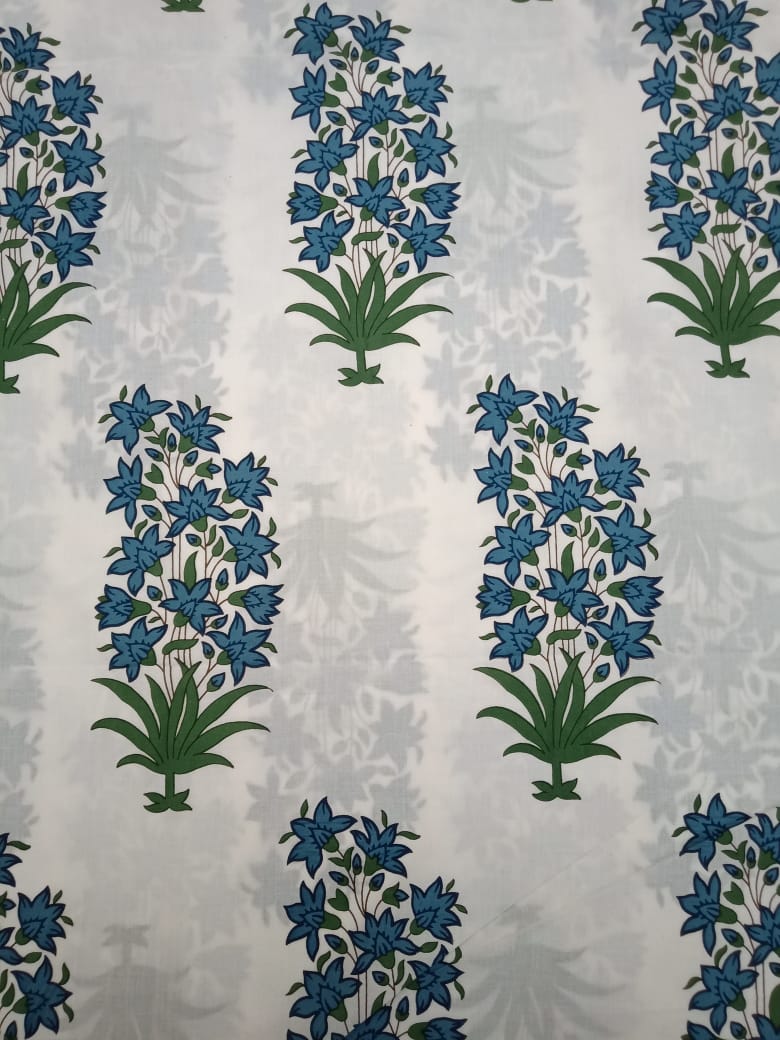 White Base Blue & Green Buta Print Pure Cotton Hand Block Fabric - JBR68