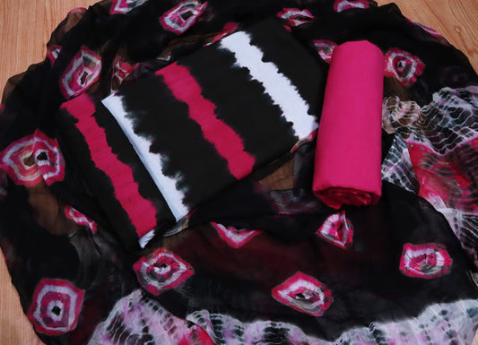 Unstitched Floral Hand Block Printed Cotton Suit with Chiffon Dupatta - JBXC30