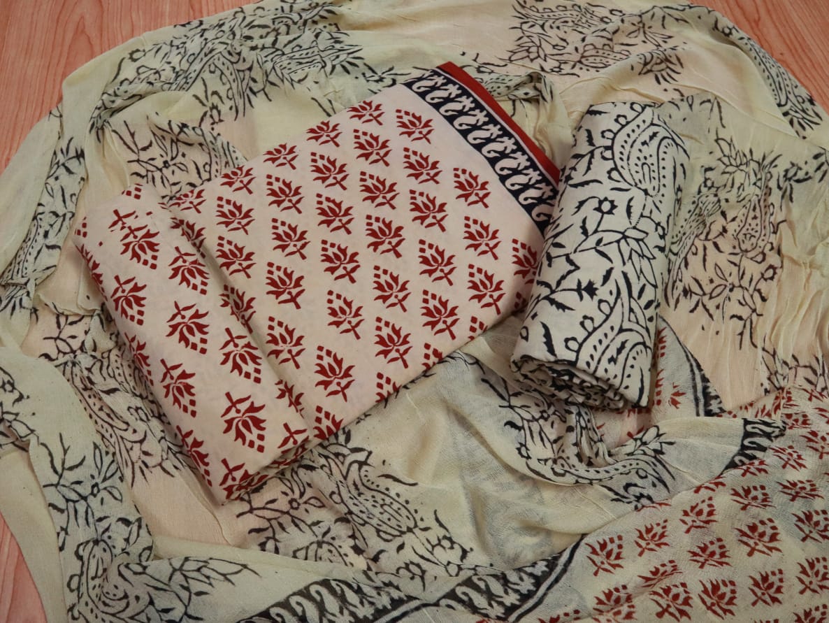 Unstitched Floral Hand Block Printed Cotton Suit with Chiffon Dupatta - JBXC28
