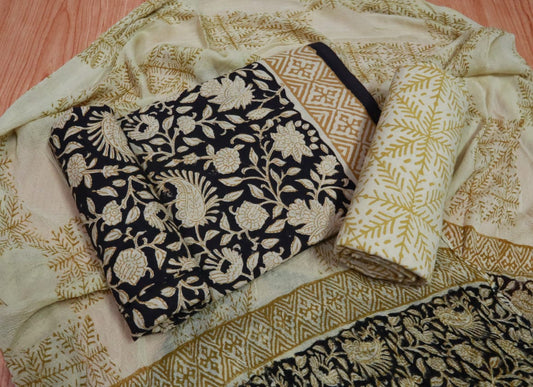 Unstitched Floral Hand Block Printed Cotton Suit with Chiffon Dupatta - JBXC27