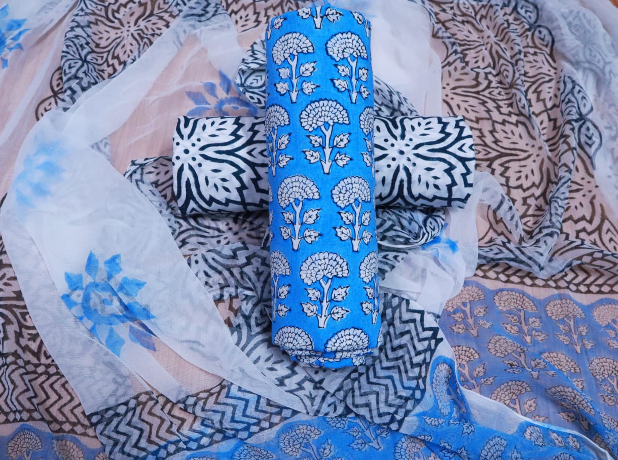Unstitched Floral Hand Block Printed Cotton Suit with Chiffon Dupatta - JBXC08