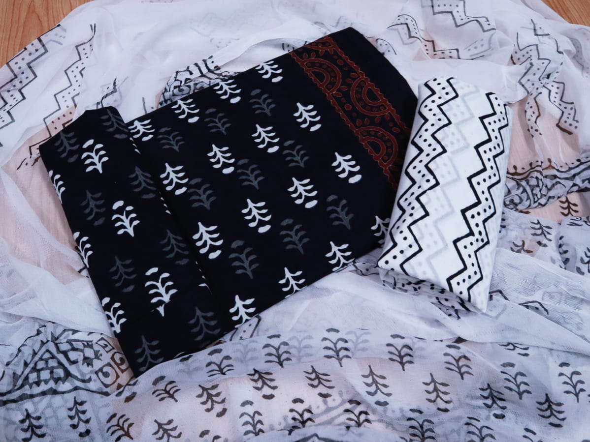 Unstitched Floral Hand Block Printed Cotton Suit with Chiffon Dupatta - JBXC25