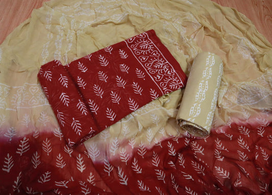 Unstitched Floral Hand Block Printed Cotton Suit with Chiffon Dupatta - JBXC24