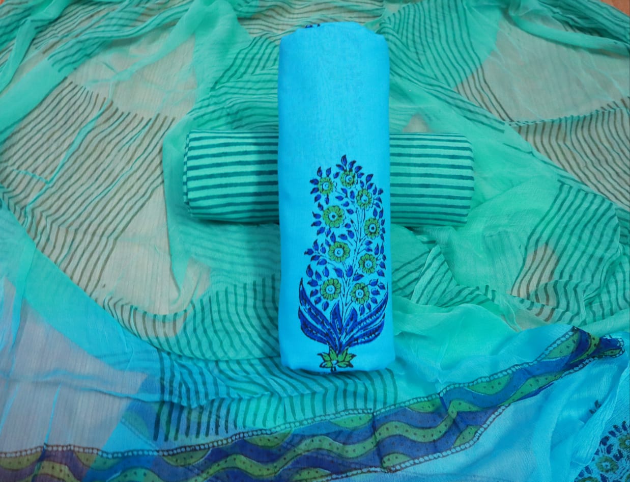 Unstitched Floral Hand Block Printed Cotton Suit with Chiffon Dupatta - JBXC06
