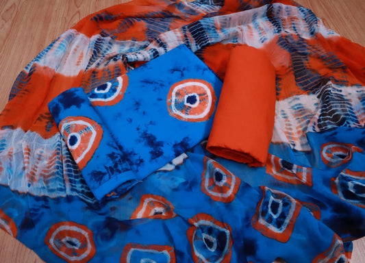 Unstitched Floral Hand Block Printed Cotton Suit with Chiffon Dupatta - JBXC23
