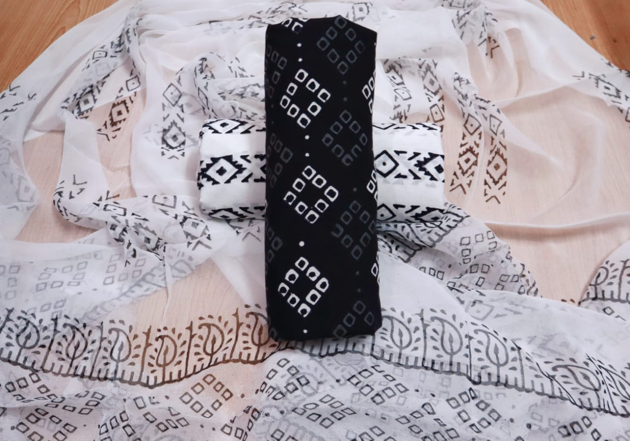 Unstitched Floral Hand Block Printed Cotton Suit with Chiffon Dupatta - JBXC05
