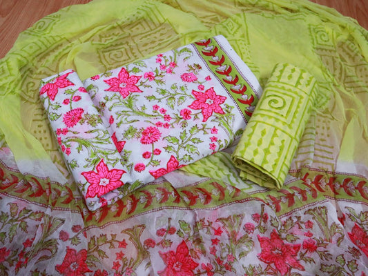 Unstitched Floral Hand Block Printed Cotton Suit with Chiffon Dupatta - JBXC22