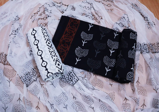 Unstitched Floral Hand Block Printed Cotton Suit with Chiffon Dupatta - JBXC21