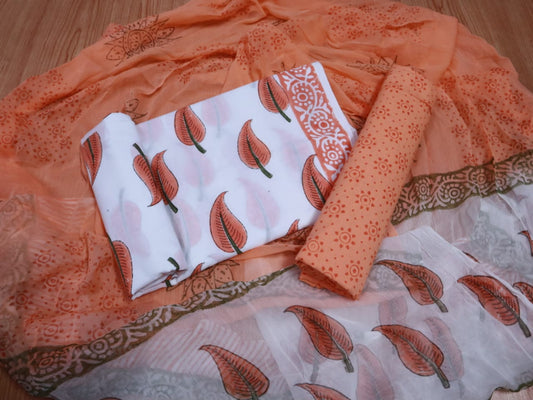 Unstitched Floral Hand Block Printed Cotton Suit with Chiffon Dupatta - JBXC20