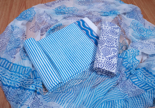 Unstitched Floral Hand Block Printed Cotton Suit with Chiffon Dupatta - JBXC19