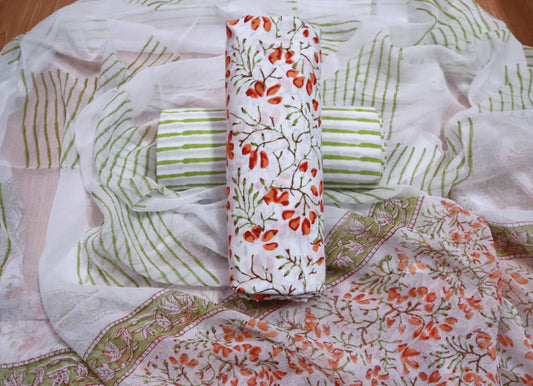 Unstitched Floral Hand Block Printed Cotton Suit with Chiffon Dupatta - JBXC02