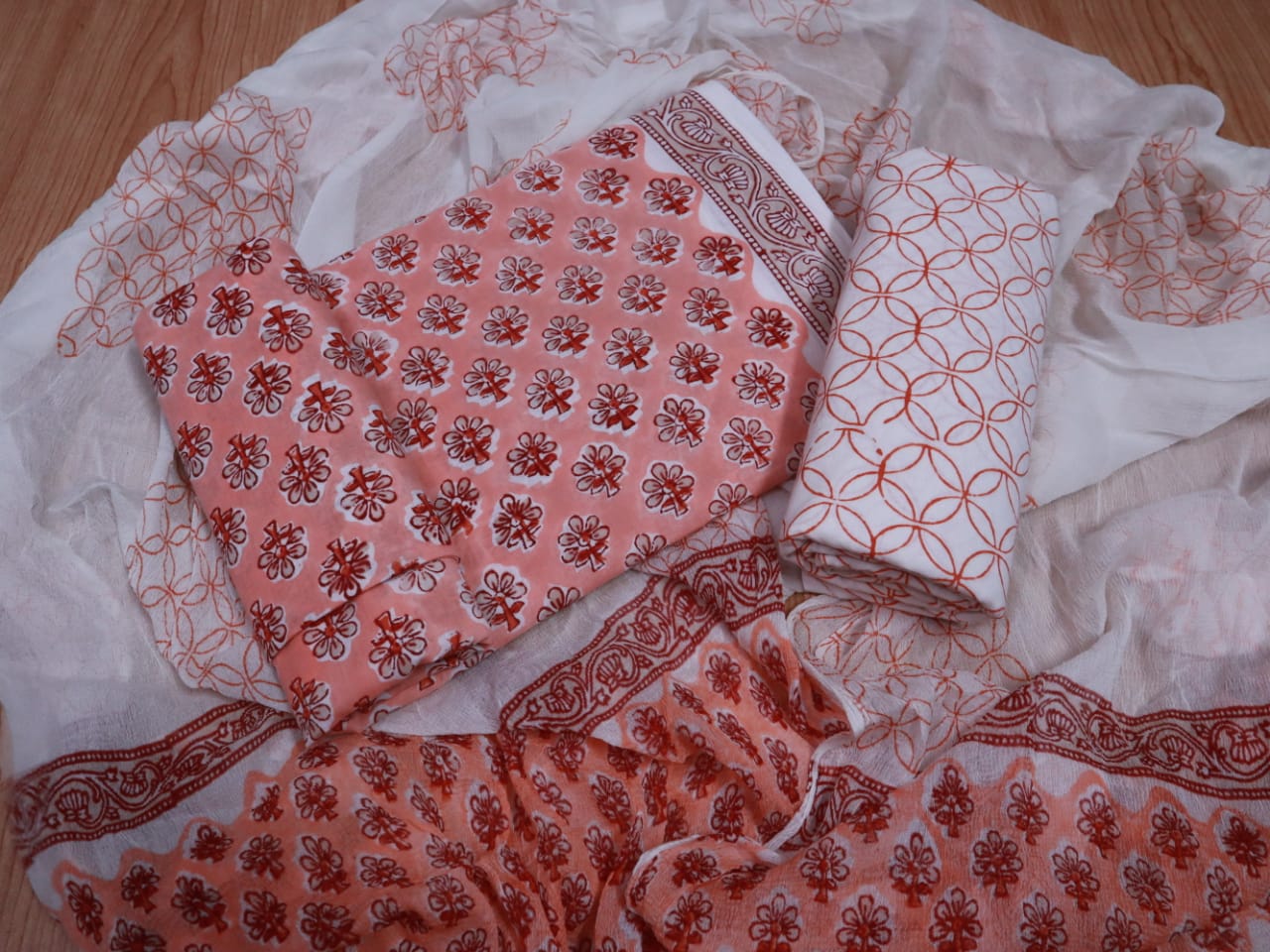 Unstitched Floral Hand Block Printed Cotton Suit with Chiffon Dupatta - JBXC18