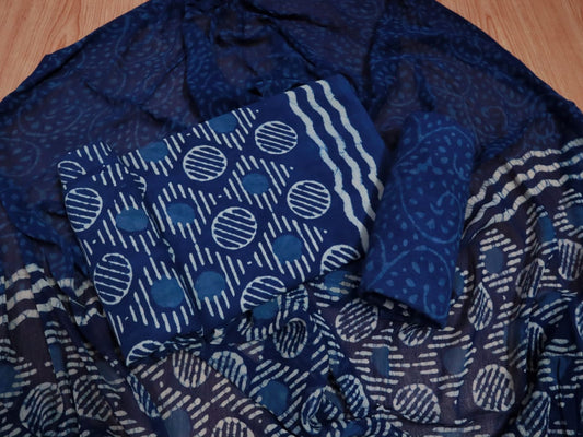 Unstitched Floral Hand Block Printed Cotton Suit with Chiffon Dupatta - JBXC16