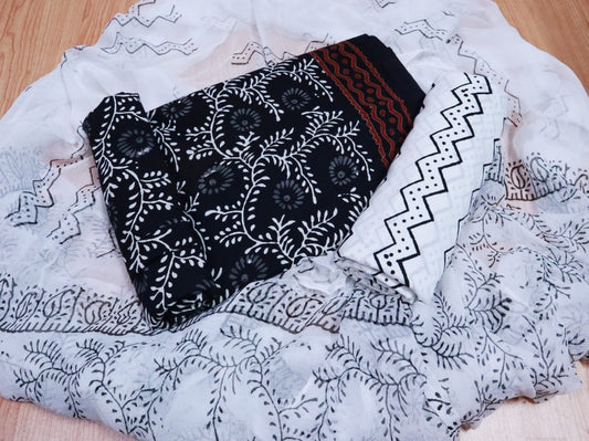 Unstitched Floral Hand Block Printed Cotton Suit with Chiffon Dupatta - JBXC15