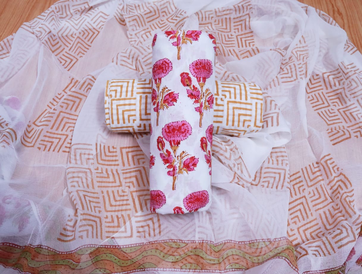 Unstitched Floral Hand Block Printed Cotton Suit with Chiffon Dupatta - JBXC01