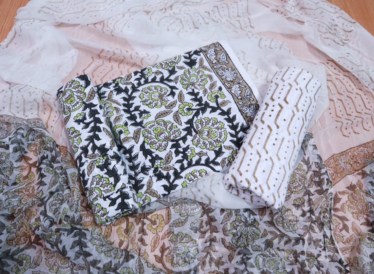 Unstitched Floral Hand Block Printed Cotton Suit with Chiffon Dupatta - JBXC14