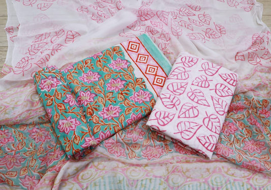 Unstitched Floral Hand Block Printed Cotton Suit with Chiffon Dupatta - JBXC44