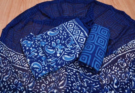 Unstitched Floral Hand Block Printed Cotton Suit with Chiffon Dupatta - JBXC43