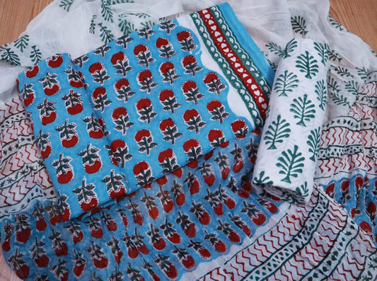 Unstitched Floral Hand Block Printed Cotton Suit with Chiffon Dupatta - JBXC42