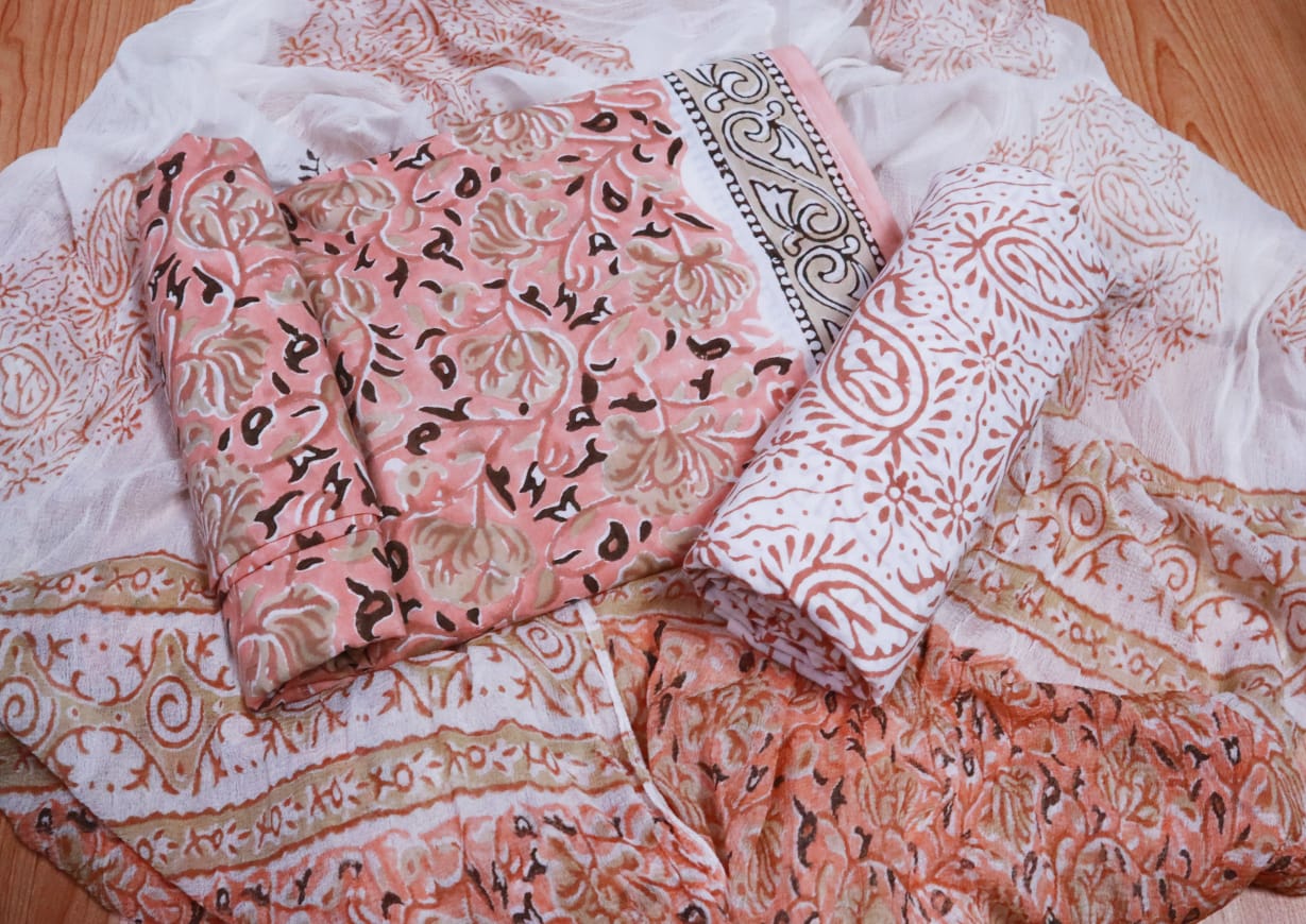 Unstitched Floral Hand Block Printed Cotton Suit with Chiffon Dupatta - JBXC41