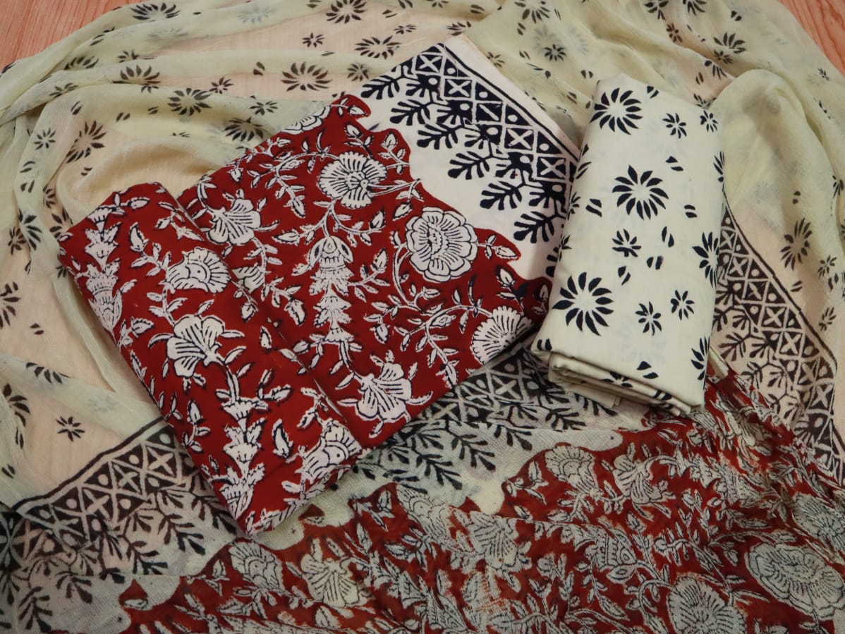 Unstitched Floral Hand Block Printed Cotton Suit with Chiffon Dupatta - JBXC40