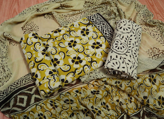 Unstitched Floral Hand Block Printed Cotton Suit with Chiffon Dupatta - JBXC39