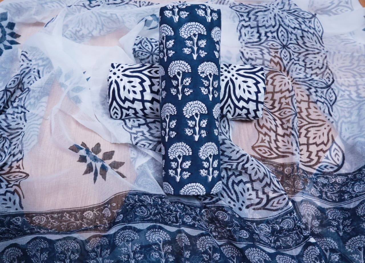 Unstitched Floral Hand Block Printed Cotton Suit with Chiffon Dupatta - JBXC12