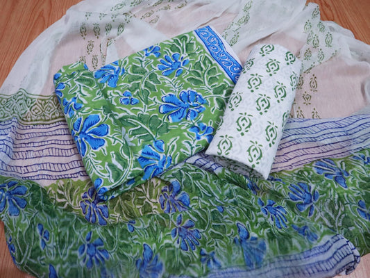 Unstitched Floral Hand Block Printed Cotton Suit with Chiffon Dupatta - JBXC38