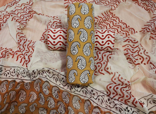 Unstitched Floral Hand Block Printed Cotton Suit with Chiffon Dupatta - JBXC11
