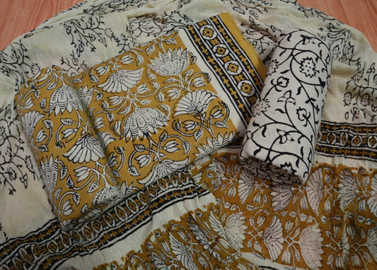 Unstitched Floral Hand Block Printed Cotton Suit with Chiffon Dupatta - JBXC37