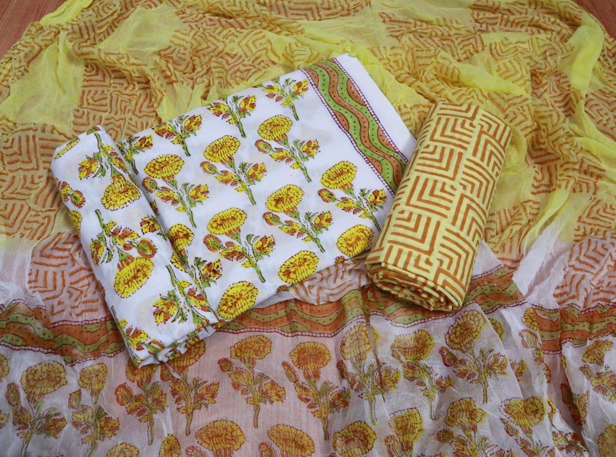Unstitched Floral Hand Block Printed Cotton Suit with Chiffon Dupatta - JBXC36