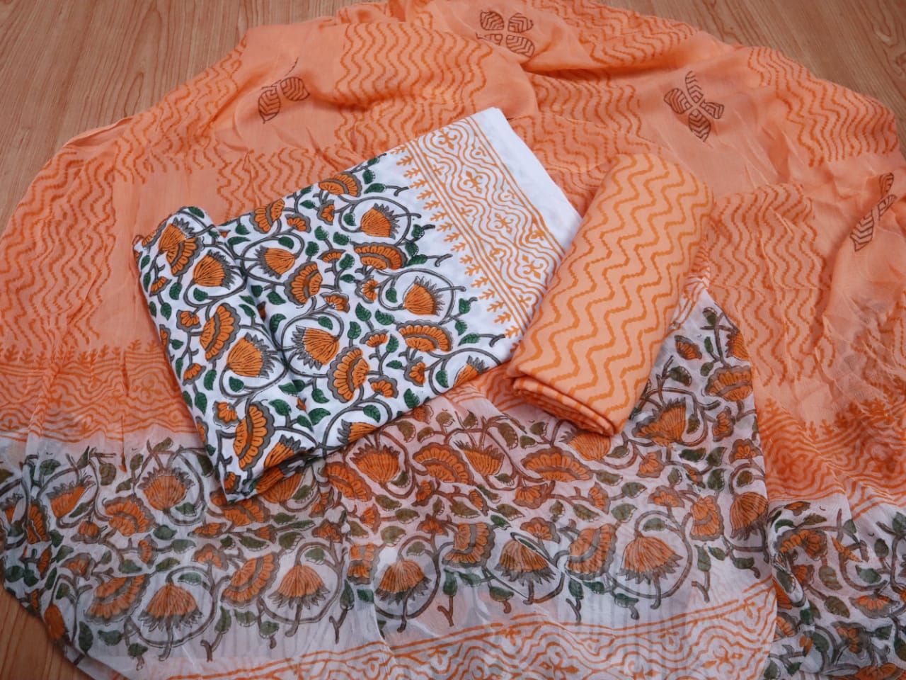 Unstitched Floral Hand Block Printed Cotton Suit with Chiffon Dupatta - JBXC35