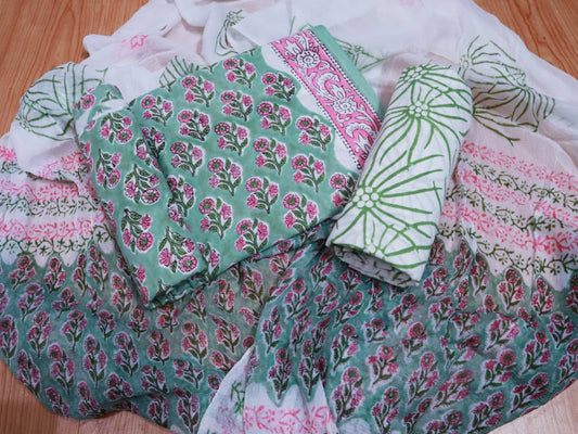 Unstitched Floral Hand Block Printed Cotton Suit with Chiffon Dupatta - JBXC34