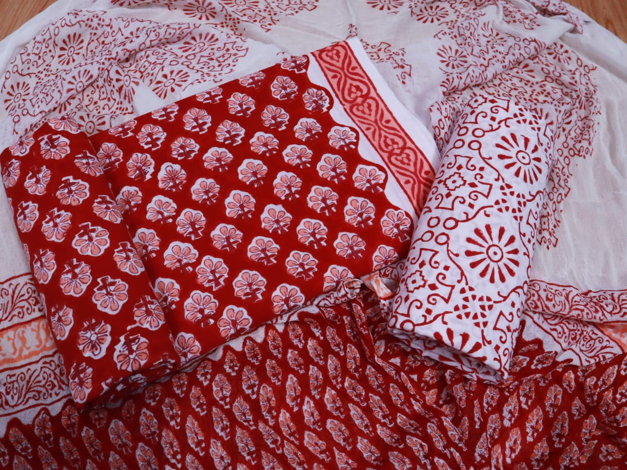 Unstitched Floral Hand Block Printed Cotton Suit with Chiffon Dupatta - JBXC33