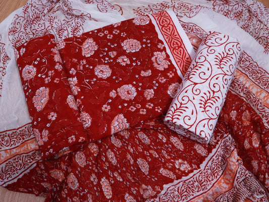 Unstitched Floral Hand Block Printed Cotton Suit with Chiffon Dupatta - JBXC32