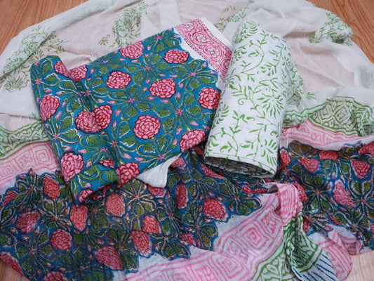 Unstitched Floral Hand Block Printed Cotton Suit with Chiffon Dupatta - JBXC31