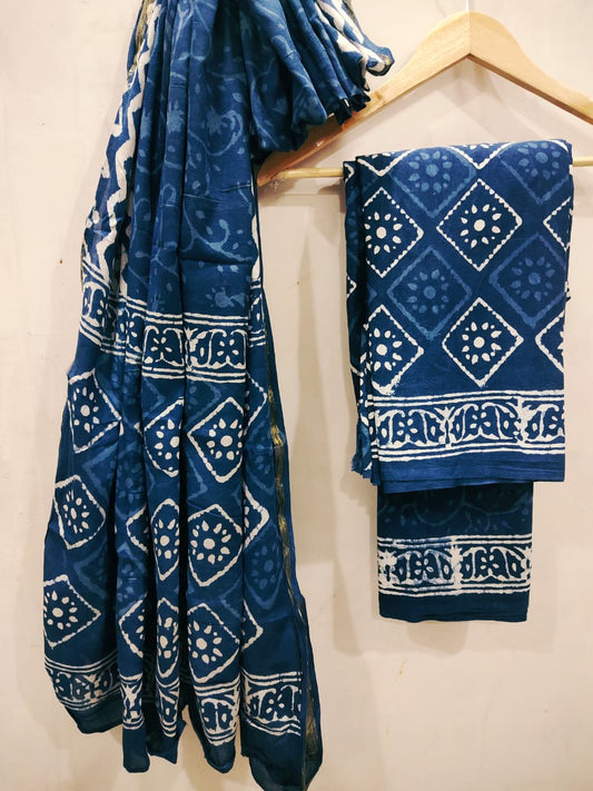 Handblock Cotton Zari Border Salwar Suit Set With Cotton/Mulmul Dupatta - JBXZBS02