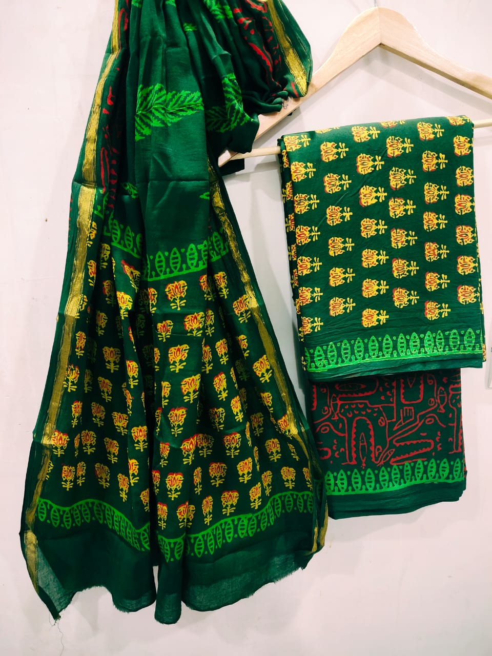 Hand Block Printed Cotton Zari Border Salwar Suit Set With Cotton/Mulmul Dupatta - JBXZBS72
