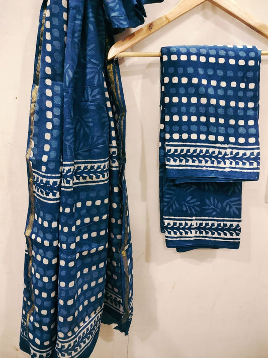 Hand Block Zari Border Cotton Salwar Suit Set With Cotton/Mulmul Dupatta - JBXZBS67