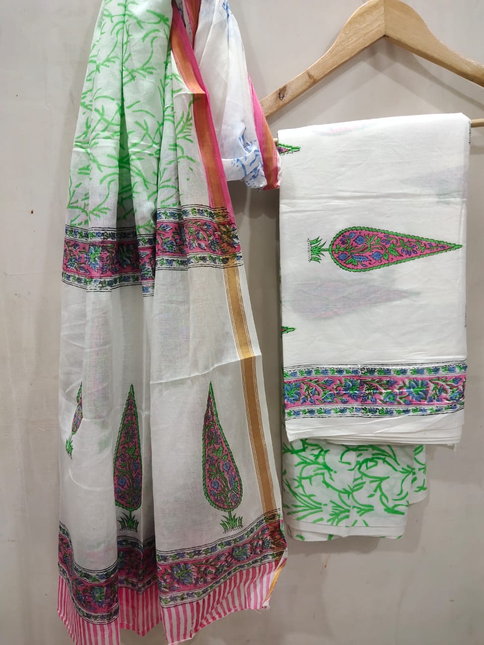 Hand Block Cotton Zari Border Salwar Suit Set With Cotton/Mulmul Dupatta - JBXZBS66