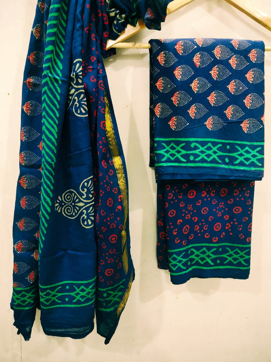 Hand Block Printed Zari Border Cotton Salwar Suit Set With Cotton/Mulmul Dupatta - JBXZBS62