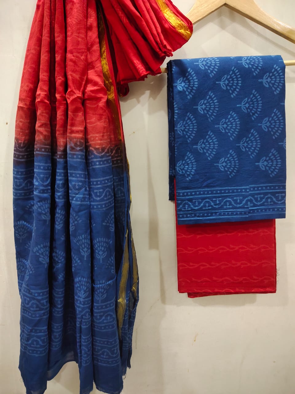 Hand Block Cotton Zari Border Salwar Suit Set With Cotton/Mulmul Dupatta - JBXZBS58