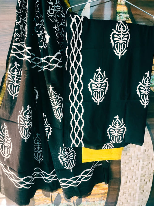 Cotton Hand Block Zari Border Salwar Suit Set With Cotton/Mulmul Dupatta - JBXZBS52