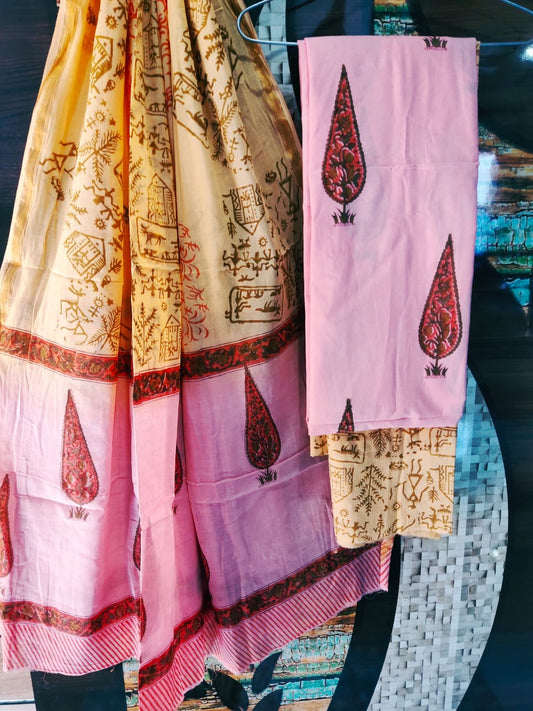Hand Block Cotton Zari Border Salwar Suit Set With Cotton/Mulmul Dupatta - JBXZBS47