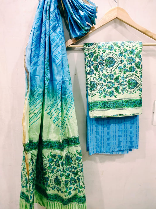 Hand Block Zari Border Cotton Salwar Suit Set With Cotton/Mulmul Dupatta - JBXZBS46