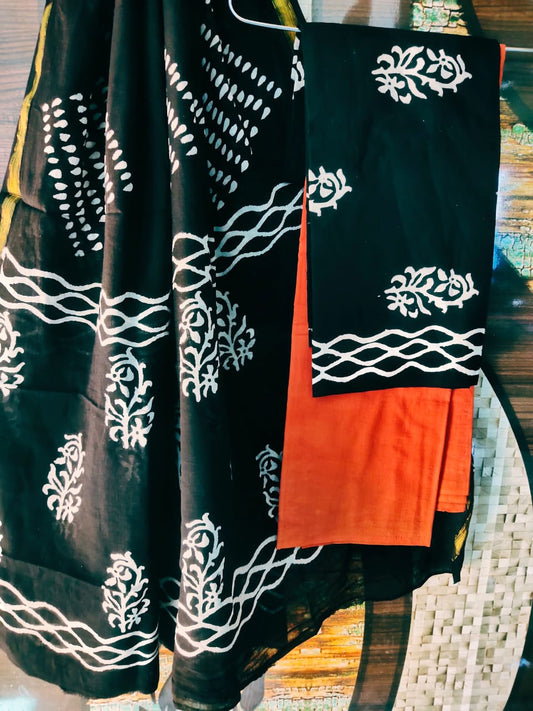 Cotton Hand Block Zari Border Salwar Suit Set With Cotton/Mulmul Dupatta - JBXZBS45