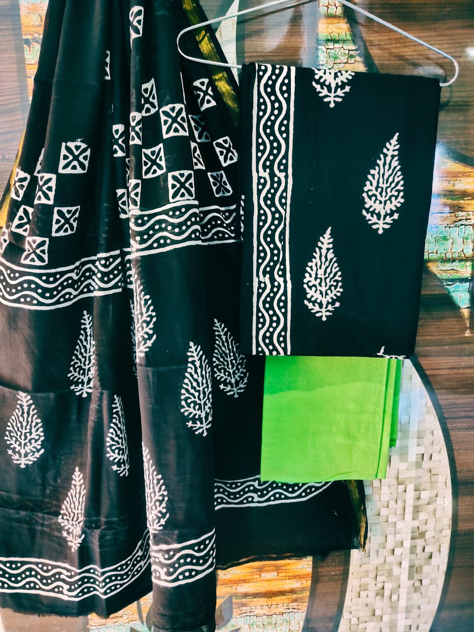 Handblock Cotton Zari Border Printed Salwar Suit Set With Cotton/Mulmul Dupatta - JBXZBS39